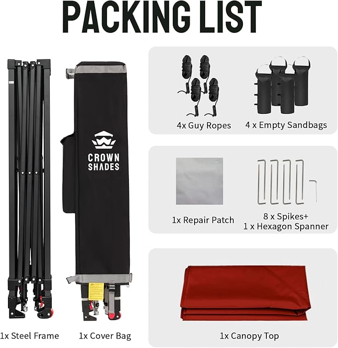 CROWN SHADES 10x10 Pop Up Canopy Tent - Patented Center Lock One Push Instant Outdoor Canopy Beach Tent with STO-N-Go Bag 8 Stakes & 4 Sand Bags，Red