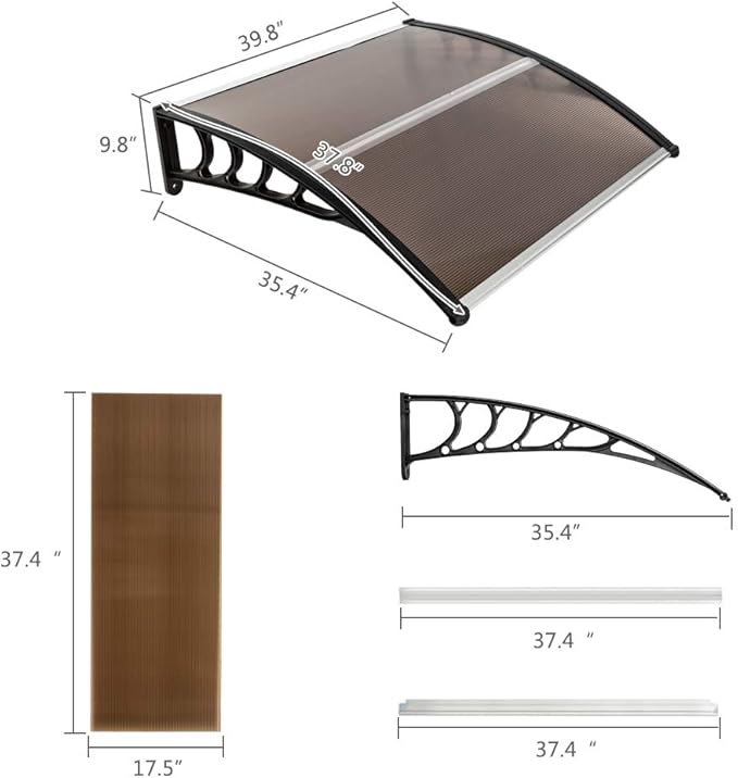 Window Awning Door Canopy Exterior- 38" x 40" Aluminum Door Awning, Polycarbonate Cover Patio Canopy Awning for House, Outside, Rain Snow & UV Resistant (Brown Board & Black Bracket)
