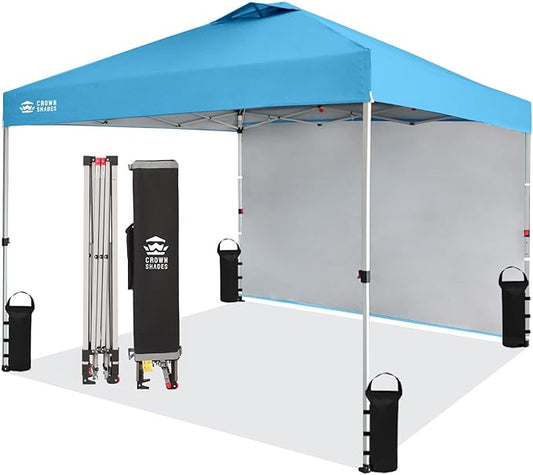 CROWN SHADES 10x10 Pop Up Canopy with 1 Side Wall - Beach Tent with One Push Setup - Outdoor Sun Shade for Events, Parties, Camping - Gazebo with STO-N-Go Cover Bag (Sky Blue)