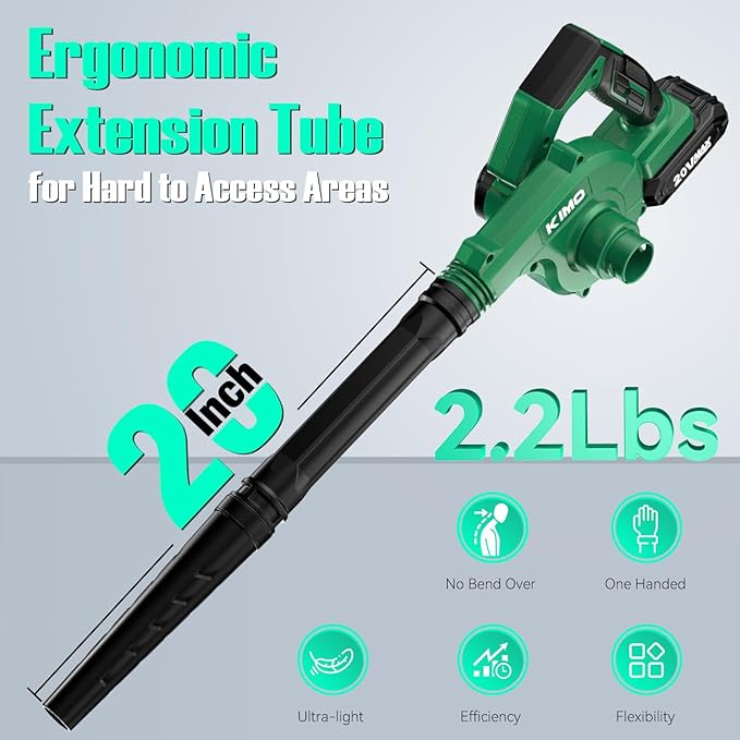 K I M O. Cordless Leaf Blower and Vacuum Combo 4 In 1, 3 Nozzles for Inflation and Deflation, 190MPH/260CFM, Smart Panel w/ 3Modes, 20 Extended Tube, 2Pack Battery Operated Leaf Blowers for Lawn Care