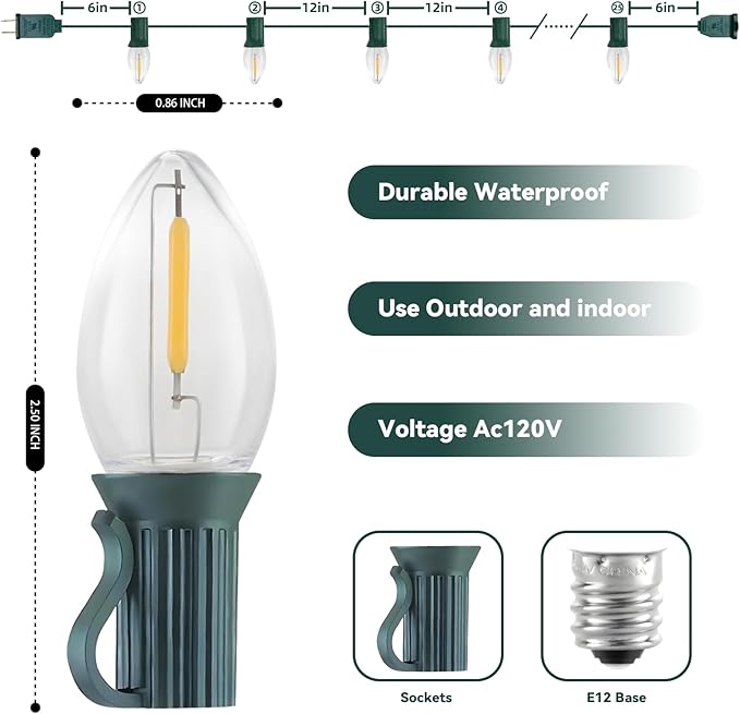 25FT C7 LED Christmas Lights Outdoor String with 27 Clear Plastic Energy-Efficient Waterproof Bulbs for Roofline, Christmas Tree,Patio,Garden,Wedding & Holiday Decor