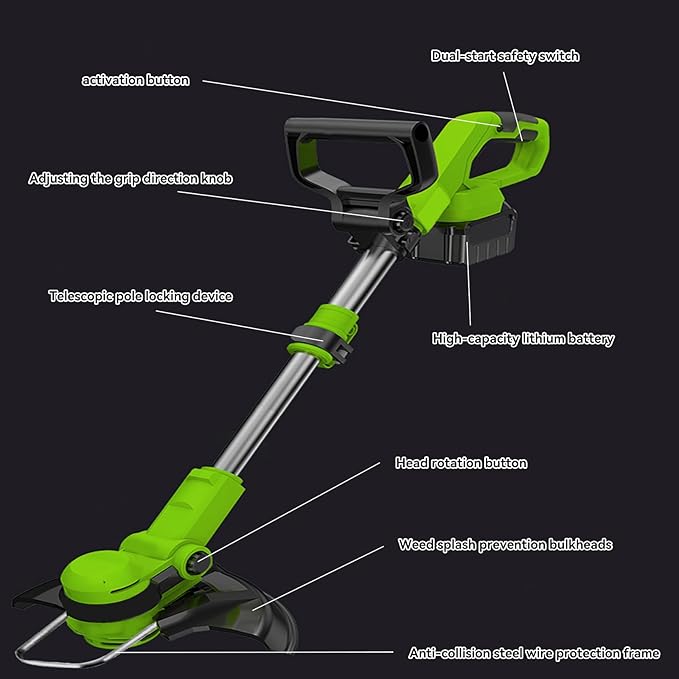 Electric String Trimmer Cordless with 20V Battery Powered 12-inch Lawn Mover & Edger Lawn Tool with Charger, Powered Grass Trimmer with 4pcs Spools and 2 Spool Covers Line for Yard and Garden, Green
