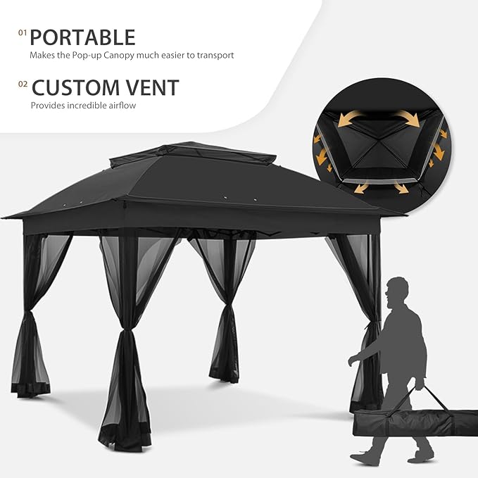 COOS BAY 11x11 Pop Up Gazebo with Mesh Netting, Instant Outdoor Canopy Tent, Water Resistant Shelter with UPF 50+ UV Protection, 121 Sq Ft Coverage, Black