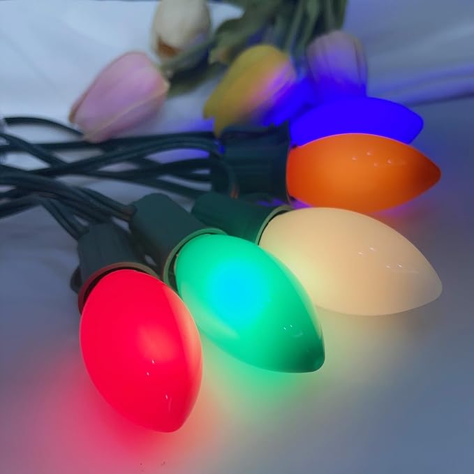 C9 Multicolor Christmas Lights Outdoor, 25Ft Vintage Christmas String Lights with 26 Colorful Ceramic Bulbs, Hanging Patio Lights for Outdoor Roofline Christmas Tree Garden Pathway Decor, Green Wire