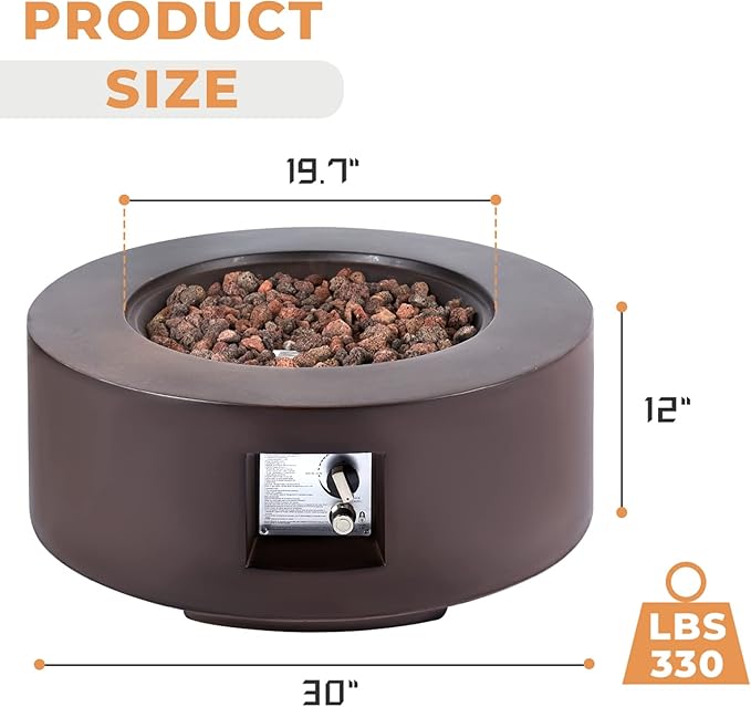 ECOTOUGE Propane Fire Pit Table, Outdoor Gas Fire Pit, 30''Auto-Ignition Round Steel Fire Table, 50,000 BTU Concrete fire Pit w/Weather-Resistant Pit Cover, No Tank Holder, Brown