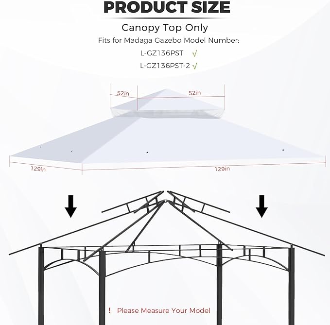 Gazebo Replacement Canopy Top Waterproof Cover, Fits Model L-GZ136PST, Double-Tiered and UV-Resistant (White)