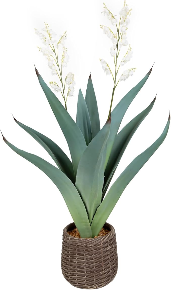 3ft UV Resistant Artificial Agave Plant in Brown Woven Planter,37" Faux Agave Plant Outdoor with Lifelike Leaves and Flowers for Front Porch Patio Living Room Pool Indoor & Outdoor Decor