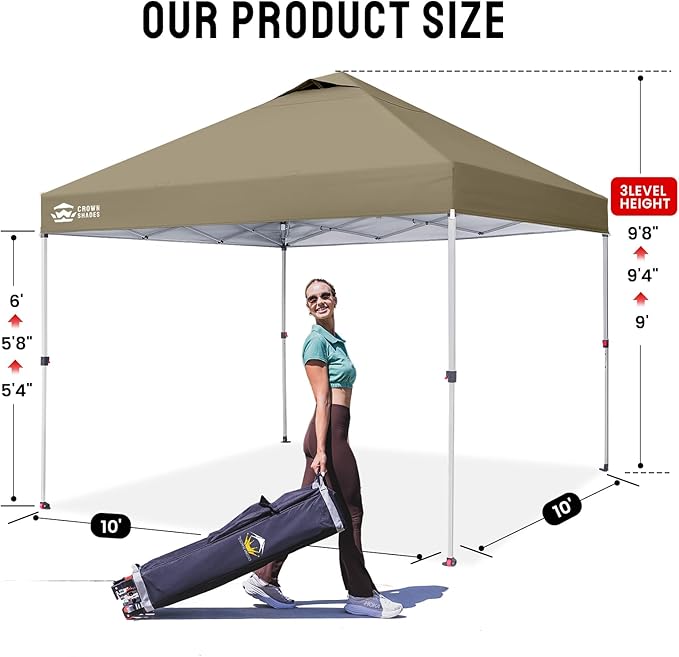 CROWN SHADES 10x10 Pop Up Canopy, Patented Center Lock One Push Tent Canopy, Newly Designed Storage Bag, 8 Stakes, 4 Ropes, Beige