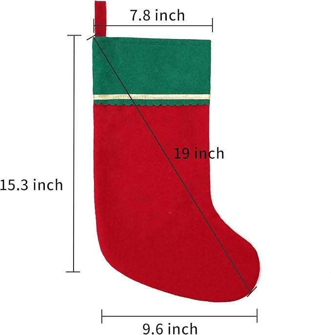 12 Pack Felt Christmas Stockings, 19 Inches Red and Green Christmas Stockings Hanging Ornaments, Green Cuff with Gold Trim Christmas Stockings for Family Christmas Holiday Decorations