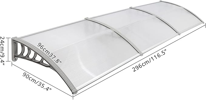 Window Awning Door Canopy Exterior- 38" x 120" Aluminum Door Awning, Polycarbonate Cover Patio Canopy Awning for House, Outside, Rain Snow & UV Resistant (Clear Board & Grey Bracket)
