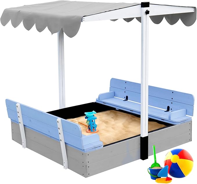 Wooden Kids Sandbox with Lid Sand Box with Cover for Outdoor with Canopy Ages 4-8, Sand Pit with Foldable Bench Adjustable Roof Bottom Liner