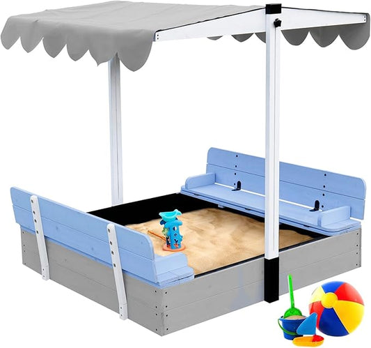 Wooden Kids Sandbox with Lid Sand Box with Cover for Outdoor with Canopy Ages 4-8, Sand Pit with Foldable Bench Adjustable Roof Bottom Liner
