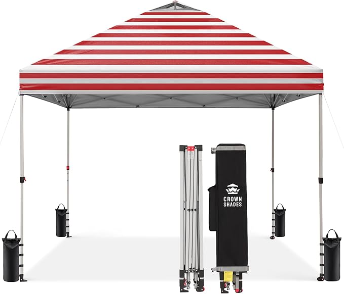 CROWN SHADES 10x10 Pop Up Canopy - Beach Tent with One Push Setup - Easy Outdoor Sun Shade for Events, Parties, Camping - Gazebo with STO-N-Go Cover Bag, Silver Coated Top, Red Strips