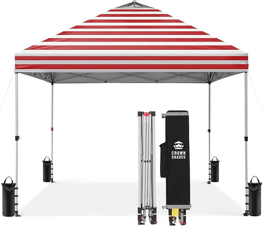 CROWN SHADES 10x10 Pop Up Canopy - Beach Tent with One Push Setup - Easy Outdoor Sun Shade for Events, Parties, Camping - Gazebo with STO-N-Go Cover Bag, Silver Coated Top, Red Strips