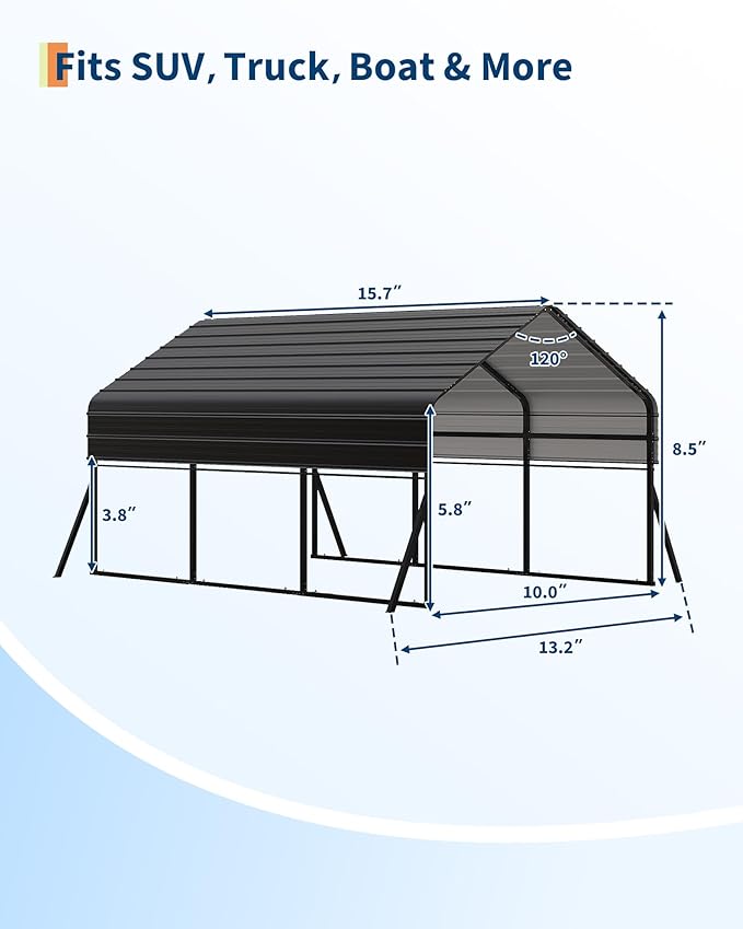 10'x15' Metal Carport, Heavy Duty Car Ports Kit for Trucks, Boats, RV, Tractor, Reinforced Frame with Anchors, Easy Assembly