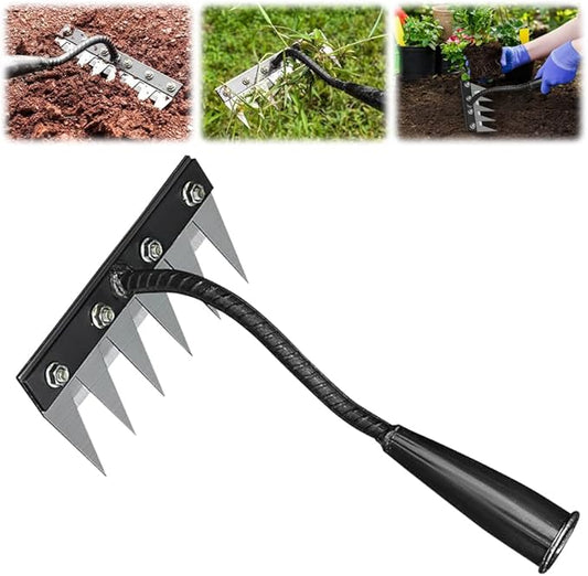 Iron Rake for Gardening and Weeding, 5/6/7/8 Teeth Heavy Duty Iron Weeding Rakes, Rake for Dethatching Lawn, Gardening Weed Puller Tool, Garden Weeding Tools for Backyard Lawn Loosening (6 teeths)