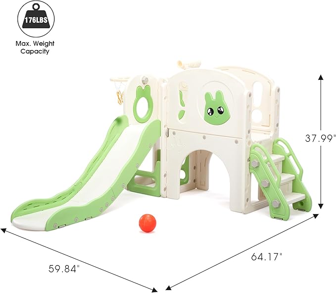 8-in-1 Toddler Slide and Climber Playset, Kids Slide Playground with Stairs, Tunnel, Telescope, Storage, Basketball Hoop and Ball, Indoor Outdoor, 1-3 Years Old, Green