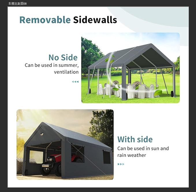 Carports 20X20 Heavy Duty,Car Port with 180G Removable Side Wall,Carport Canopy,Portable Car Port Garage,Car Shelter All Weather,Grey