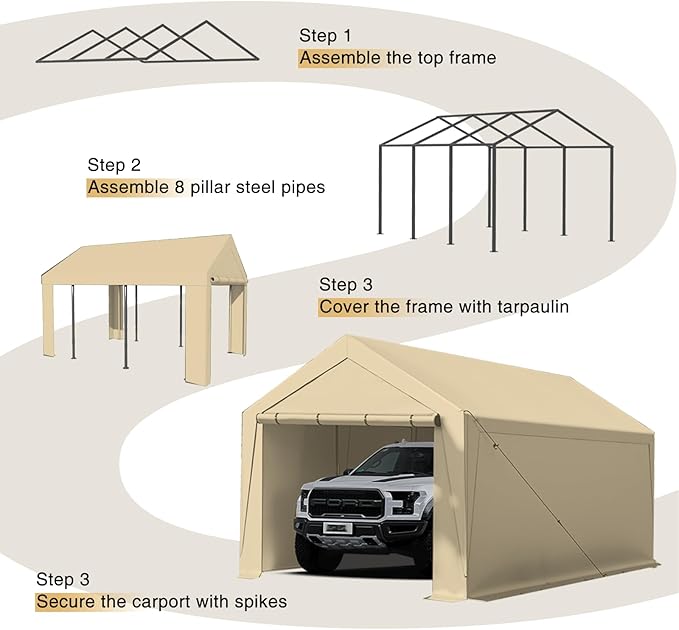 10x20 ft Heavy Duty Carport, Carports Garage with Removable Sidewalls and Reinforced Structure, Outdoor Car Canopy Tent Shelter for Vehicle and Boat (Beige)