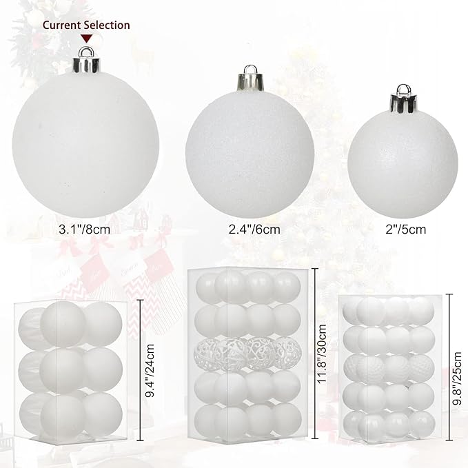 12PCS 3.15" Christmas Ball Ornaments Shatterproof White Christmas Tree Decorations Xmas Tree Balls Halloween Ornaments Décor