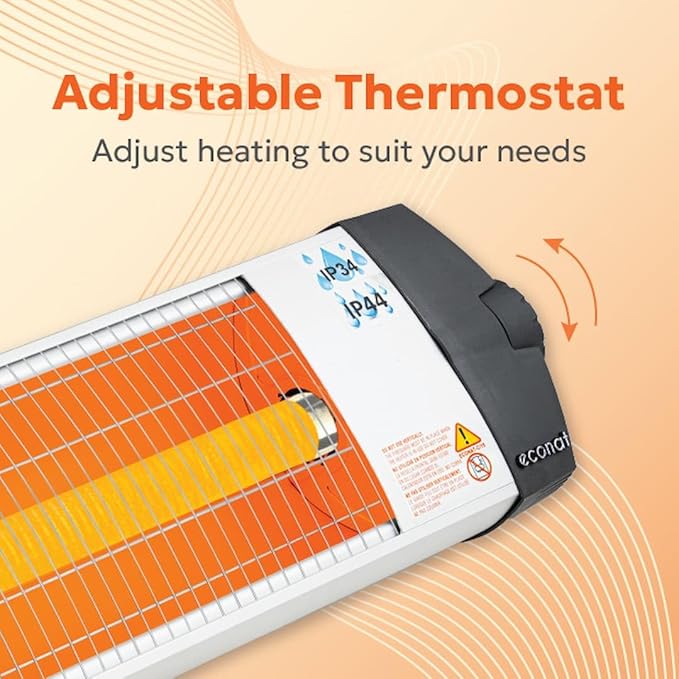 Econat 1500W Infrared Heater, Wall or Ceiling Mount, Indoor/Outdoor Electric Patio Heater, Adjustable Thermostat, Silver