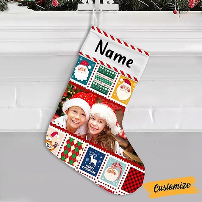 LOVELYPOD Christmas Stockings Personalized with Name, 19" Christmas Stocking Kid Photo Christmas Stocking 2023, Xmas Stocking Holiday Christmas Decoration Gifts for Family Kids