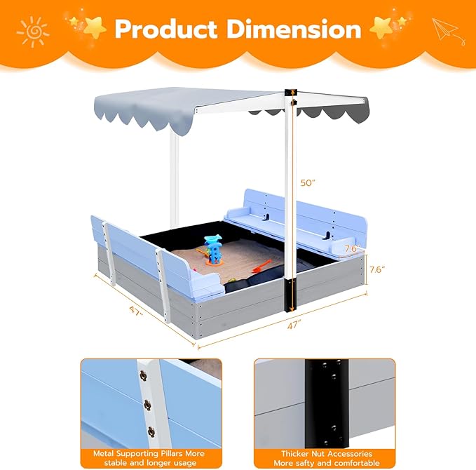 Wooden Kids Sandbox with Lid Sand Box with Canopy Outdoor Sandpit with Cover Adjustable Roof Bottom Liner