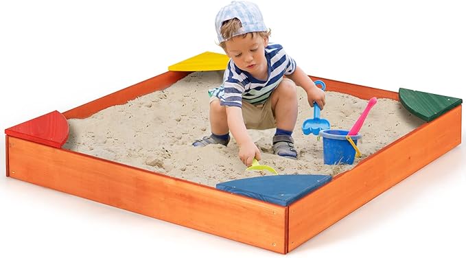 Costzon Kids Wooden Sandbox, Wood Cedar Square Sand Box with 4 Colorful Built-in Corner Seating, Bottomless Structure, Children Outdoor Beach Backyard Play Furniture for Ages 3-8