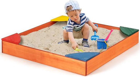 Costzon Kids Wooden Sandbox, Wood Cedar Square Sand Box with 4 Colorful Built-in Corner Seating, Bottomless Structure, Children Outdoor Beach Backyard Play Furniture for Ages 3-8
