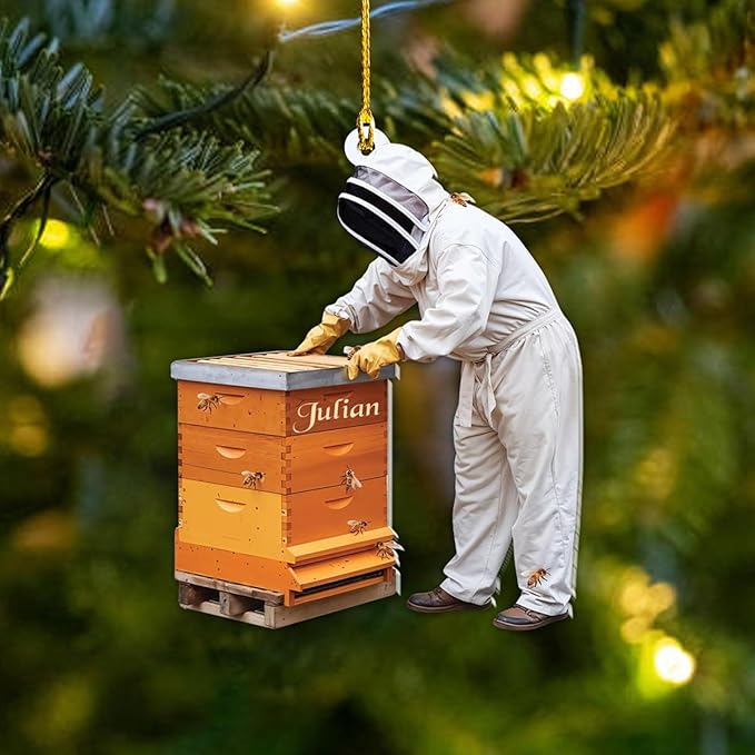 GABITA Personalized Beekeeper Ornament, Custom Name 2D Flat Beekeeping Tool Box Christmas Tree Decoration, Beehive Ornament Xmas Tree Decor, Gift for Bee Farmer