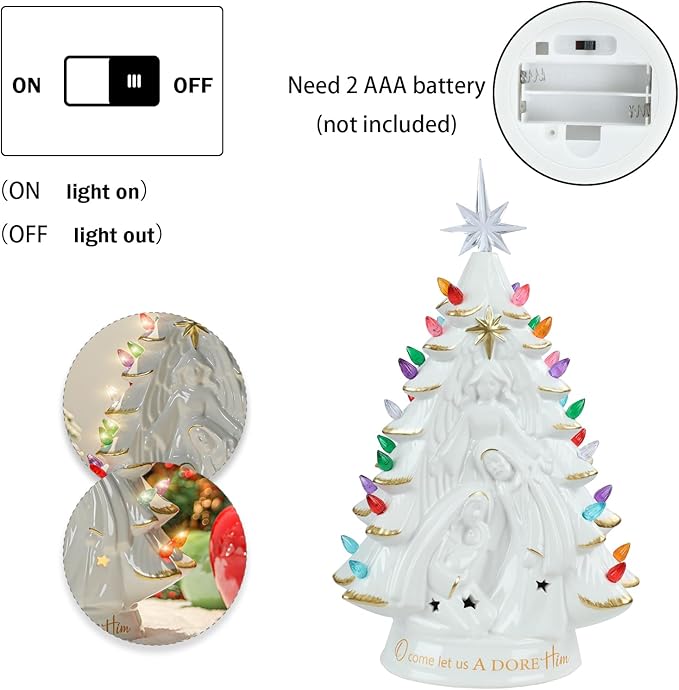 Ceramic Christmas Tree Nativity 14 Inch Tabletop Christmas Tree Vintage Christmas Decoration Battery Operated White XmasTree with Multicolored Lights and Star