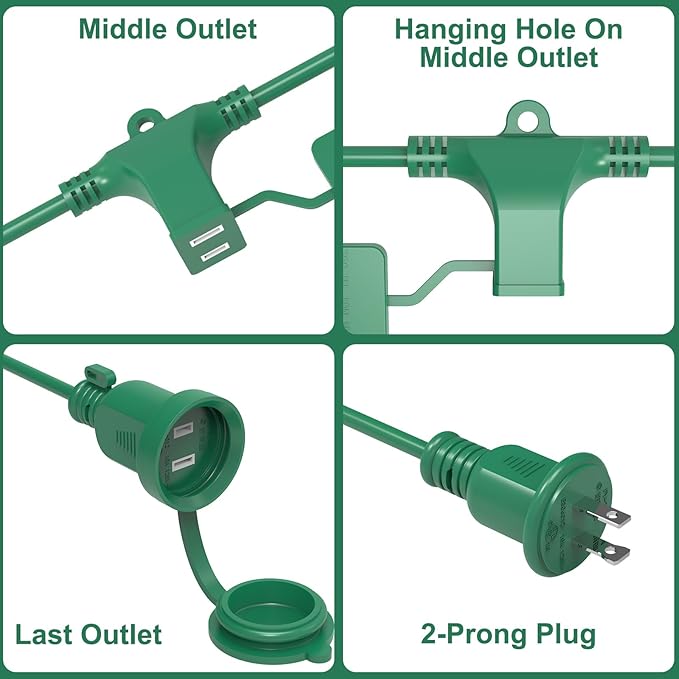 25FT Long Green Extension Cord 3 Outlets for Christmas Inflatables Blow Ups Yard Outdoor Outside Decorations Extension Cords with Multiple Outlets Plugs Cover Splitter Waterproof for Christmas Lights