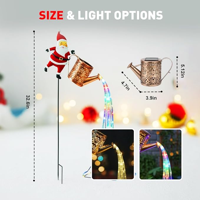 Christmas Santa Solar Kettle Lights Garden Lawn Decorative Lights, Hanging Metal Solar Santa Claus Watering Can Light for Outdoor, Xmas Yard Decor Lamp Vintage Lantern for Patio Path (Multi)