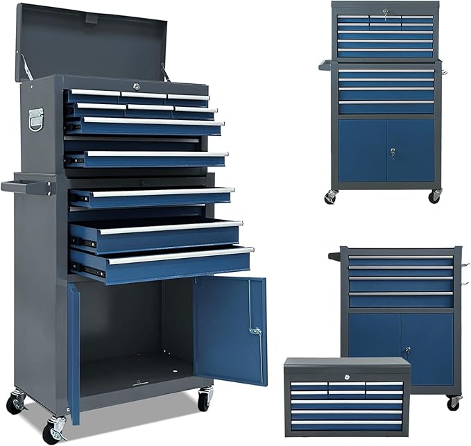 13-Drawer Rolling Tool Chest with Double Door, Extra Large Storage Cabinets with Tool Box, 2-in-1 Detachable Design, 600 lbs Capacity with Lockable Wheels for Garage, Mechanic & Home Use (Blue£¦Grey)