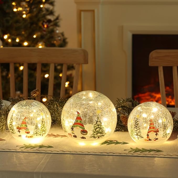 PHITRIC Christmas Decorations Indoor, 3 PCS Sparkling Christmas Gnomes Globes with LED Lights and Timer, Xmas Table Decor Centerpieces Crackle Glass Ball for Fireplace, Home, Tabletop, Mantel, Shelf
