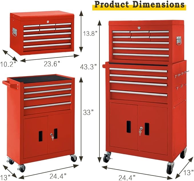 13-Drawer Rolling Tool Chest with Double Door Handle, 2 in 1 Detachable Tool Chest, Large Tool Storage with Wheels, Lockable Tool Cabinet for Garage, Barbershop-Red