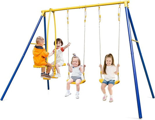 Costzon 440 lbs Swing Set for Backyard, 2-in-1 Heavy Duty Extra Large Metal Swing Frame w/2 Swings, Glider, Adjustable Hanging Ropes, Outdoor Playset Great Gift for Kids
