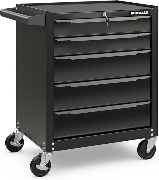 Goplus 5-Drawer Rolling Tool Chest, Steel Tool Storage Cabinet with Handle, Hanging Holes, Central Keyed Locking System, Universal Lockable Wheels, Tool Organizer Box for Garage Workshop