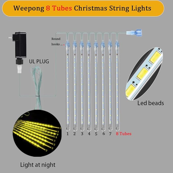 Christmas Lights Outdoor Falling Rain Meteor Shower Lights 12 inch 8 Tube 192 LED Snowfall Icicle Cascading String Light for Xmas Tree Christmas Decorations Holiday Garden, UL Plug,Warm White