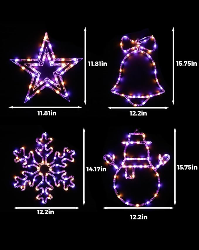 15'' Smart Christmas Window Lights 4 Pack, Color Changing Window Silhouette Lights, Timer, App Control, Music Sync, Bells, Snowflake, Star, Lighted Christmas Decorations for Indoor Outdoor