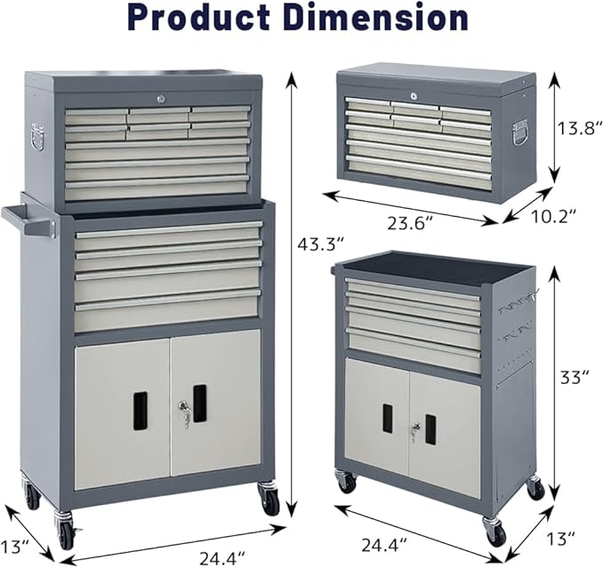 13-Drawer Rolling Tool Chest with Double Doors, 2 in 1 Detachable Rolling Tool Chest with Drawers, Mobile Tool Cabinet Combo, Metal Large Lockable Tool Box for Garage Workshop (Gray)