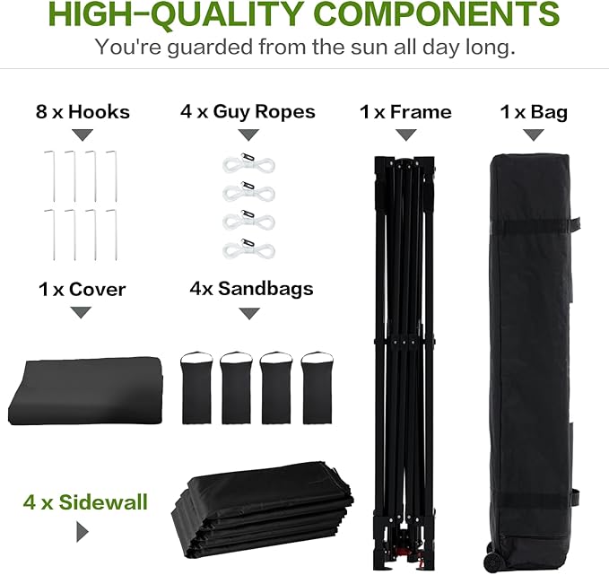 10X10 Comercial Pop Up Canopy Tent with 4 Sidewalls and 6 Pockets, One Push Setup Center Lock, for Beach Patio Outdoor, Case, 8 Stakes, 4 Ropes, 4 Sandbags (Pitch Black)