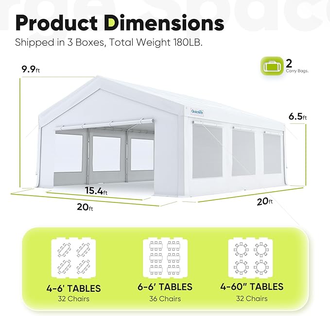 Quictent 20x20 Party Tent Heavy Duty Outdoor Canopy Tent Carport Wedding Event Shelter BBQ Wedding Tents for Parties with Storage Bags(Mesh)