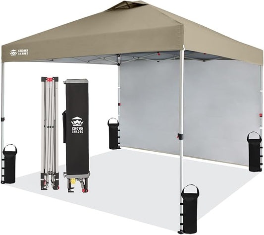 CROWN SHADES 10x10 Pop Up Canopy with 1 Side Wall - Beach Tent with One Push Setup - Outdoor Sun Shade for Events, Parties, Camping - Gazebo with STO-N-Go Cover Bag (Beige)