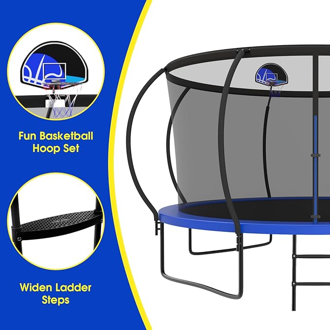 SKYUP 2026 Upgraded 8 10 12 14 15 16 FT 1500lbs Tranpoline for Kids and Adults with Light+Sprinkler+Socks, Recreational Tranpoline with Basketball Hoop, Ladder, ASTM Approved Tranpoline for 7-10 Kids