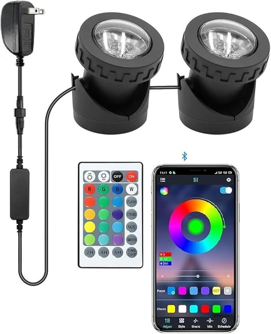 Colored Pond Lights with Timer, APP Control RGB Fountain Light IP68 Waterproof, Dimmable Outdoor Landscape Lights for Fish Tank Pond Fountain Garden (2 Lights)
