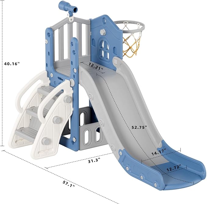 XJD 5 in 1 Toddler Slide, Kids Slide for Toddlers Age 1-3, Outdoor Indoor Playset for Toddlers with Basketball Hoop and Ball, Storage Space Birthday Gifts for Toddler (Blue)