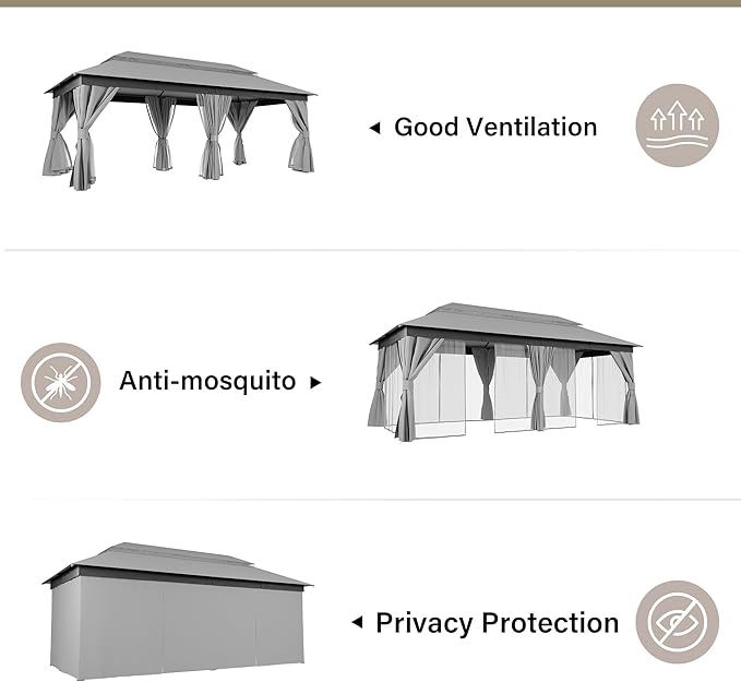 LAUSAINT HOME Semi-permanentPatio Gazebo 10'x20' with Expansion Bolts, Outdoor Heavy Duty Party Shelter with Double Roofs, Mosquito Nettings and Privacy Screens for Backyard, Garden, Lawn, Smoke Grey