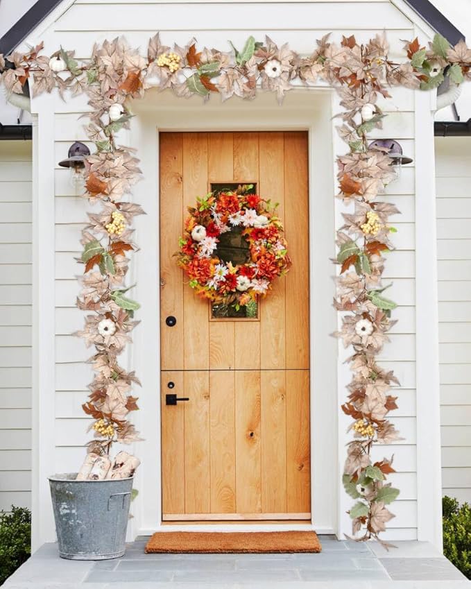DearHouse 2 Pack Fall Garland Maple Leaf, 5.9Ft/Piece Hanging Vine Garlands Artificial Autumn Foliage Garland Thanksgiving Decor for Home Wedding Fireplace Party Christmas (White&Green)