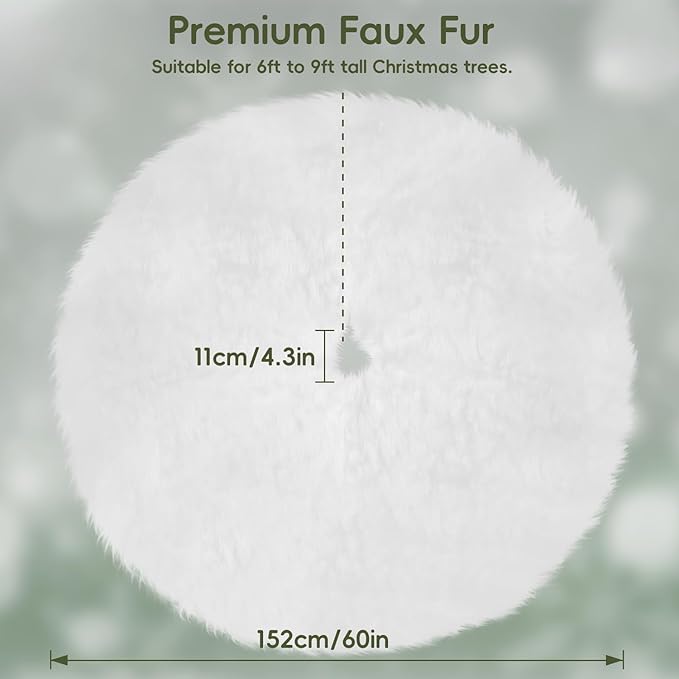 Christmas Tree Skirt, 60 Inch Christmas Decorations Tree Skirt, Faux Fur White Soft Long Thick Velvet Tree Rug, Large Vintage Tree Base Cover Round Mat for Merry Christmas Holiday Party
